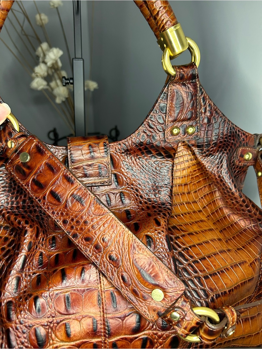 Brahmin Melbourne Elise Pecan Croc Embossed Satchel Bag - Picture 11 of 13